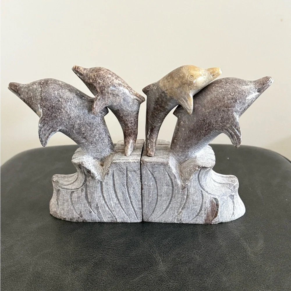 Dolphin Carved Stone Bookends in Weathered Gray